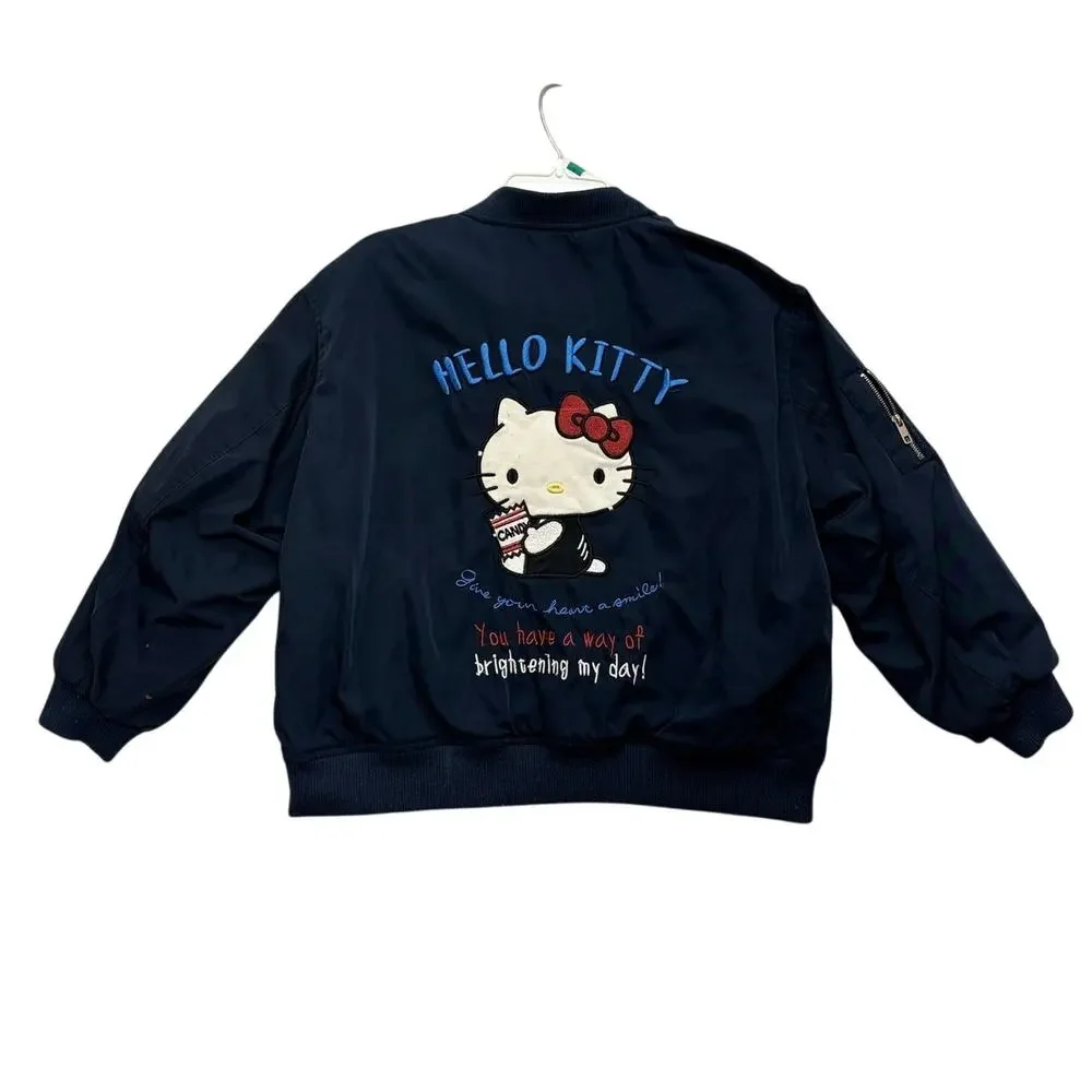 Sanrio Miniso Hello Kitty Bomber Jacket Girls Kids 7-8 Navy Full Zip Embroidered